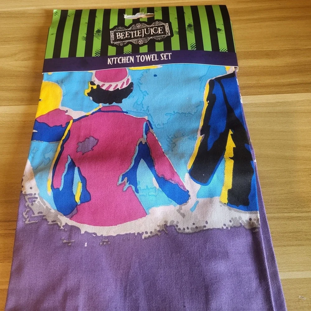 Beetlejuice Kitchen Towel Set 2 Pack NWT Handbook Recently Deceased 100% Cotton